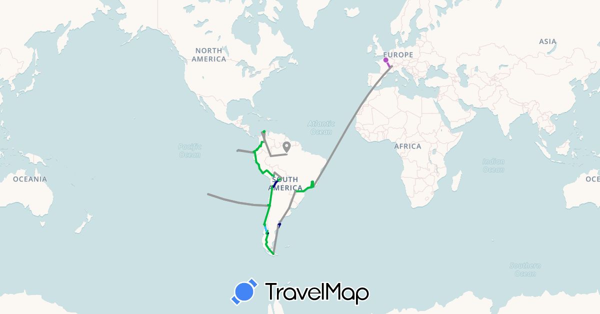 TravelMap itinerary: driving, bus, plane, train, hiking, boat in Argentina, Bolivia, Brazil, Switzerland, Chile, Colombia, Ecuador, France, Peru (Europe, South America)